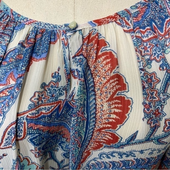 Chaps Boho White Blue Floral Tunic Blouse Flowy Round Neck Balloon Sleeves Sz L - Picture 4 of 11